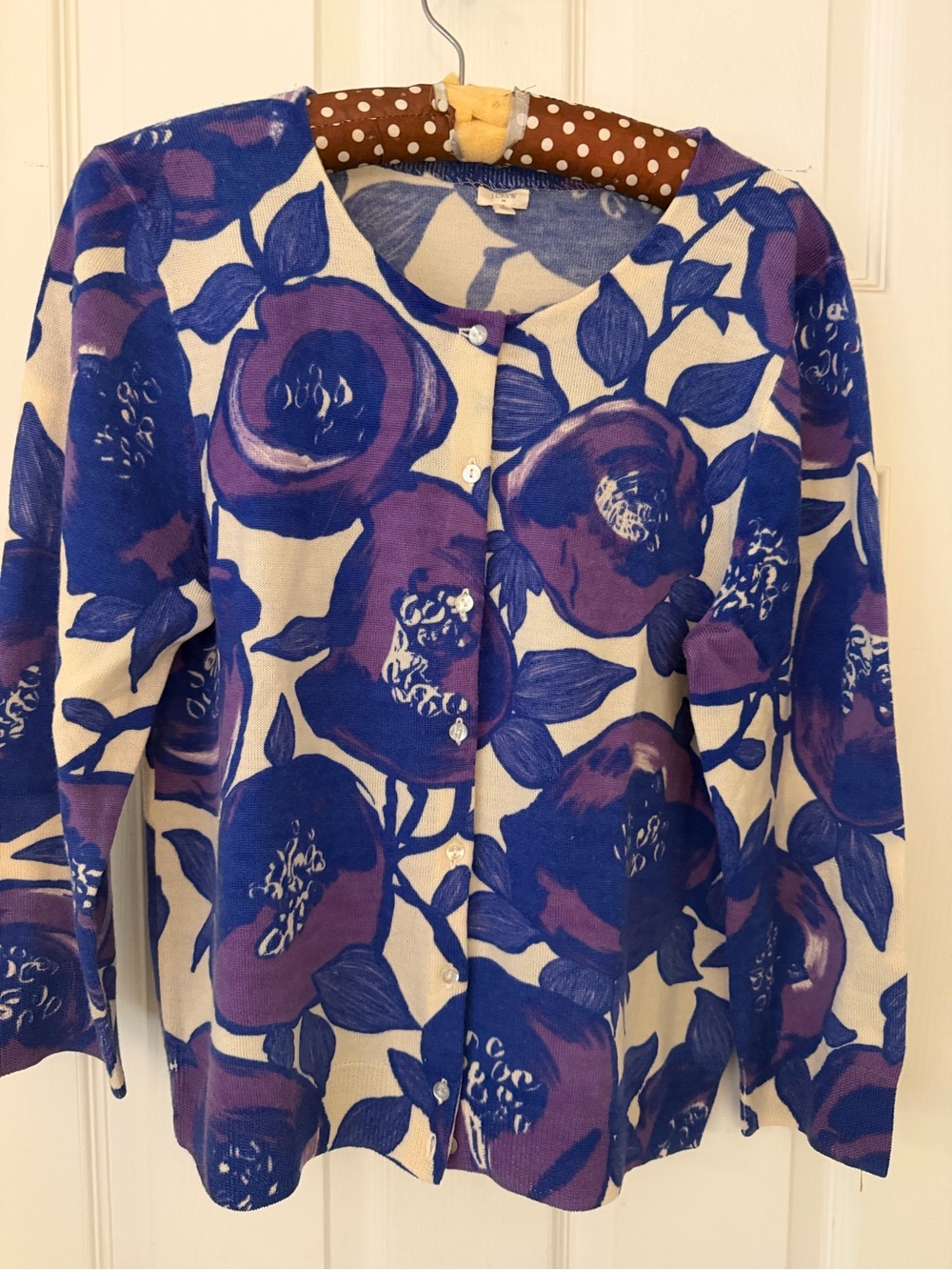 J Crew Button-Front Cardigan with matching belt
Blue, Purple and Cream